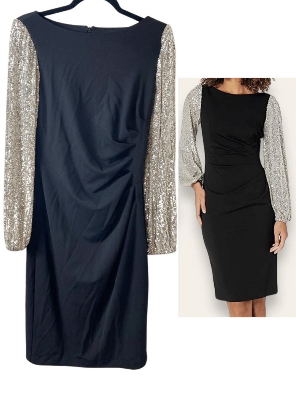 Adrianna Papell Black Dress Sequin Beaded Wedding Guest Cocktail